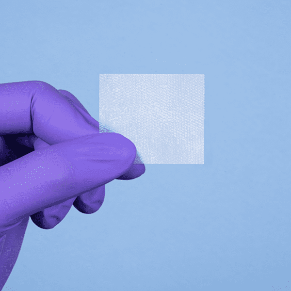Gloved hand holding a small white square.