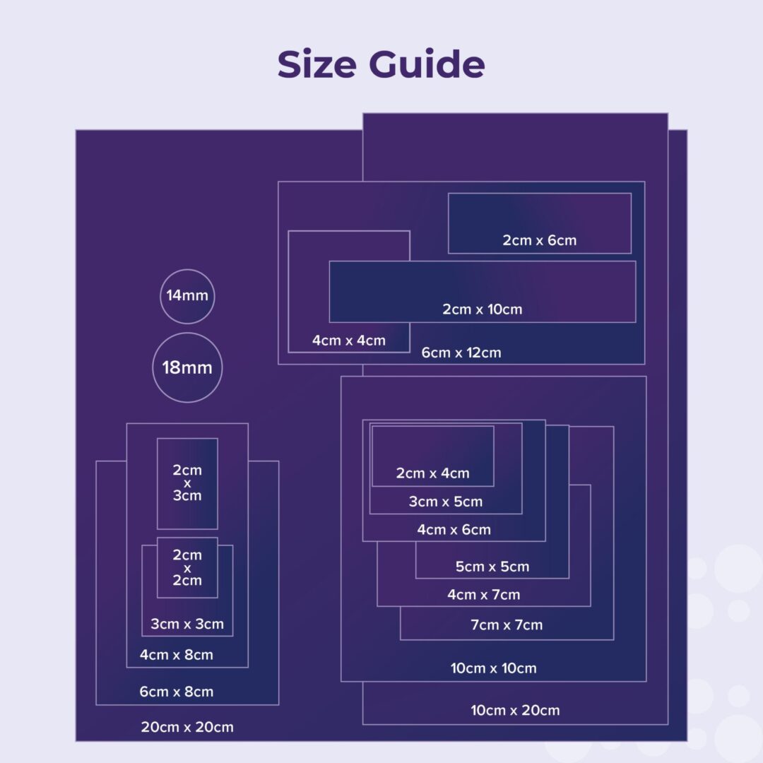 Size guide with various rectangular dimensions.