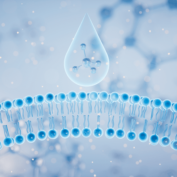 Molecule entering cell membrane through droplet.