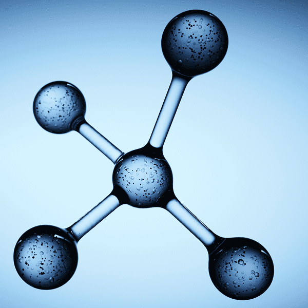 Molecule structure with water droplets, blue background.