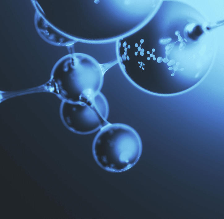 Abstract blue molecular structure with spheres.