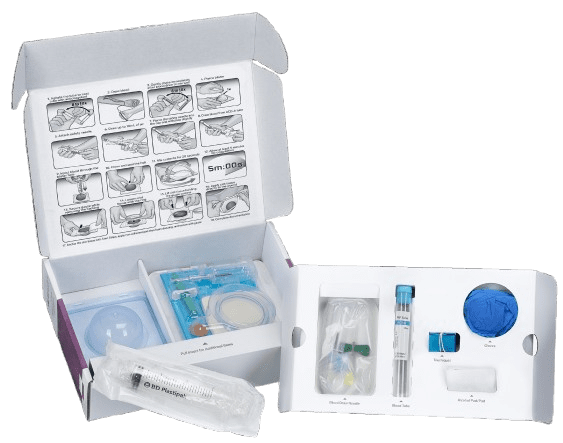 Medical kit with various components and instructions.